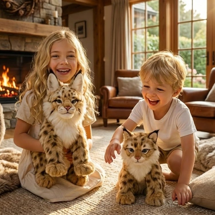 Two smiling children playing on a rug with large and small Kouvr lifelike bobcat plush toys in a cozy living room with a fireplace.