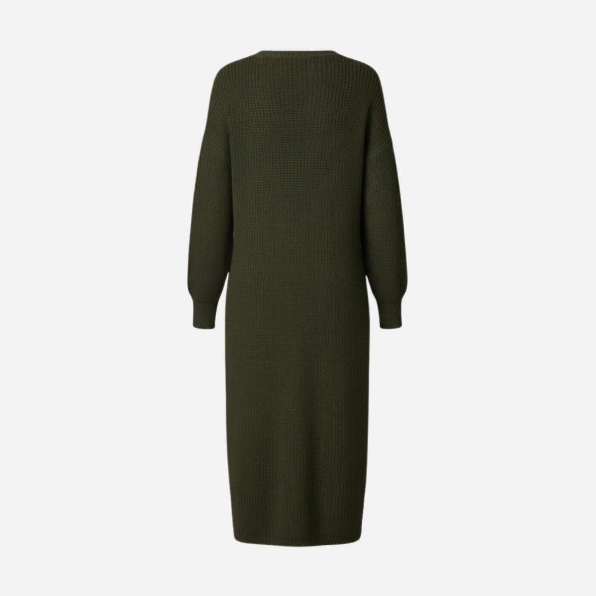 Flat lay showing the back of the Janessa long sleeve olive green knit midi dress.