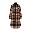 Flatlay product shot of the Kouvr Janet Longline Plaid Shacket in orange, black, and white, showing the full buttoned-up front.