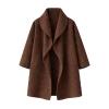 Flat lay of the brown Kouvr Janice coat, showing the open shawl collar, wide sleeves, and welt pocket details.