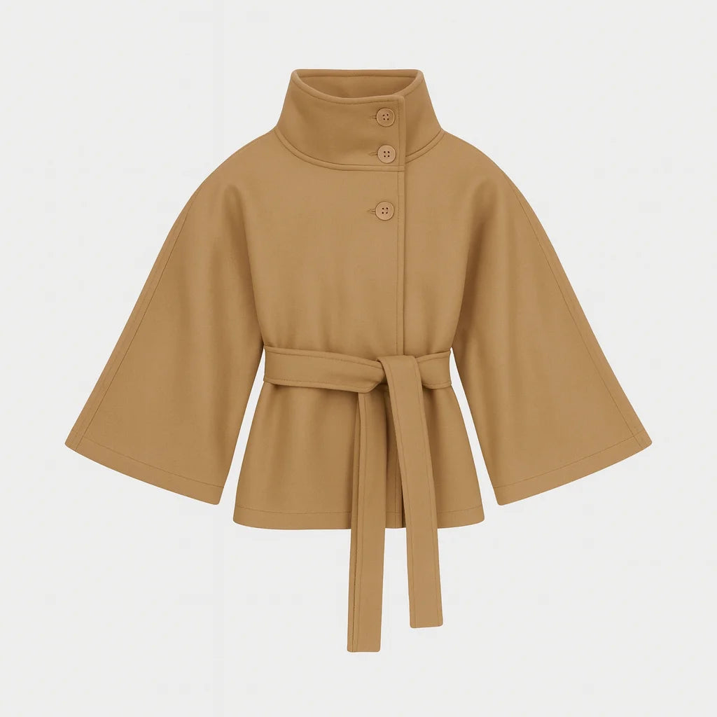 Kouvr Jannah High-Neck Belted Wool Cape Coat in Khaki