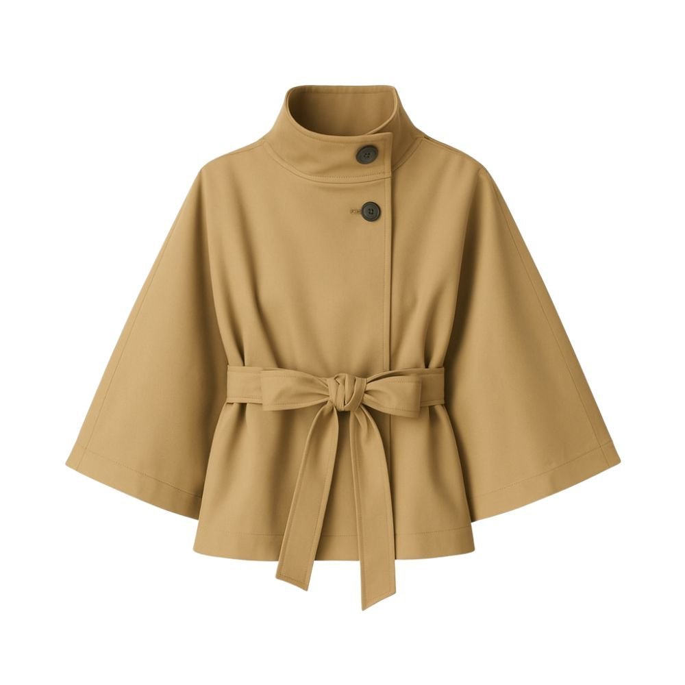 Model wearing Kouvr Fashion belted cape jacket with funnel neck and wide kimono sleeves