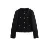 Flatlay product shot of the Kouvr Jelani Black Tweed Jacket, showing the garment's front details, including ornate gold buttons and fringe trim.