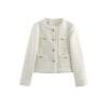 Flat lay of the Kouvr Jelani white tweed jacket showcasing the textured bouclé fabric, fringe details, and embossed gold buttons.