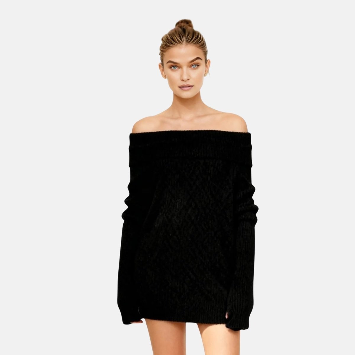 Woman wearing a black off-shoulder dress on a white background