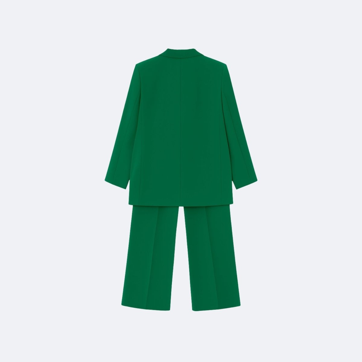 Flatlay product shot of the back of the Kouvr kate green blazer and trousers, displaying the construction and tailoring details.
