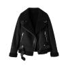Flatlay product photo of the Kouvr Katelynn black oversized shearling aviator jacket, laid open to display the full shearling interior and zipper details.