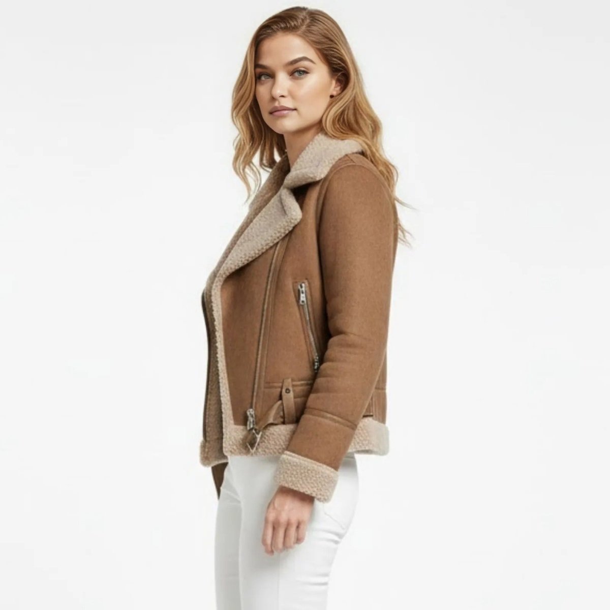 Side profile of a model in the Kouvr brown sherpa-lined moto jacket, highlighting the classic silhouette and sleeve length.