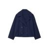 Studio flatlay of the Kouvr Katherine navy cropped wool peacoat, detailing the wide lapels and double-breasted corozo button closure.