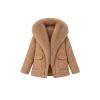 Flatlay product shot of the Kouvr Kayla women's quilted jacket in light brown, with the faux fur collar open and gold hardware visible.