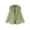 Flat lay of the sage green quilted jacket, open to show the gold zipper and full shape of the oversized faux fur collar.