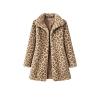 Flatlay of the open leopard print faux fur coat showing the satin lining and notched lapel collar.