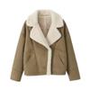Flat lay front view of a khkai sherpa-lined jacket with a wide collar and front pockets against a light grey background.