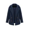 Flat lay of an open navy blue teddy coat, displaying the wide notched lapel, four horn-effect buttons, and the smooth satin lining inside.