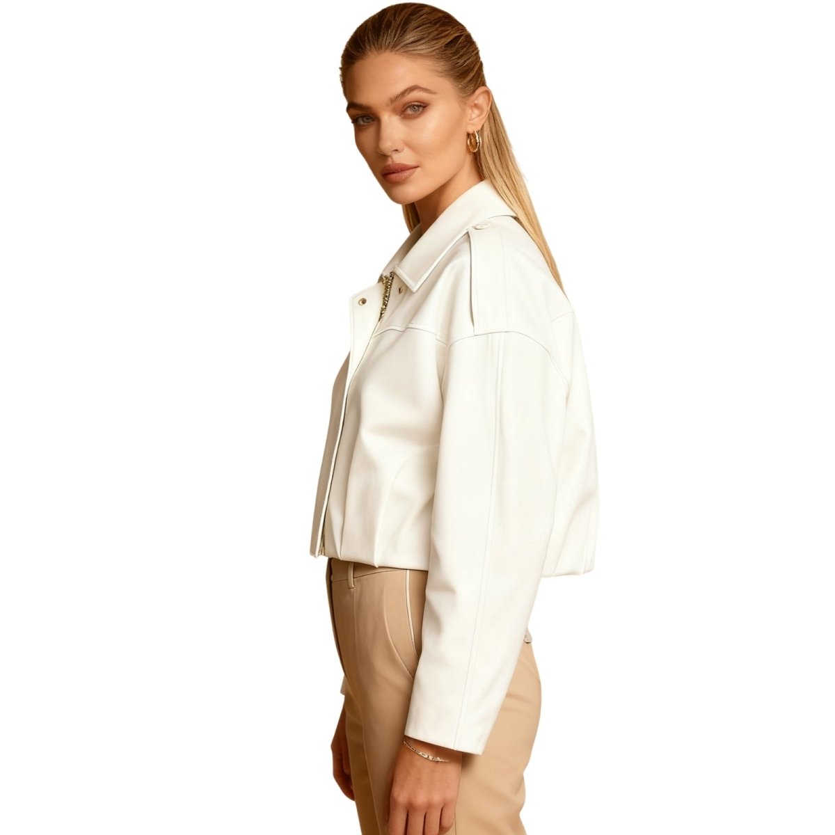 Model wearing the Kouvr Leilani white cropped faux leather jacket