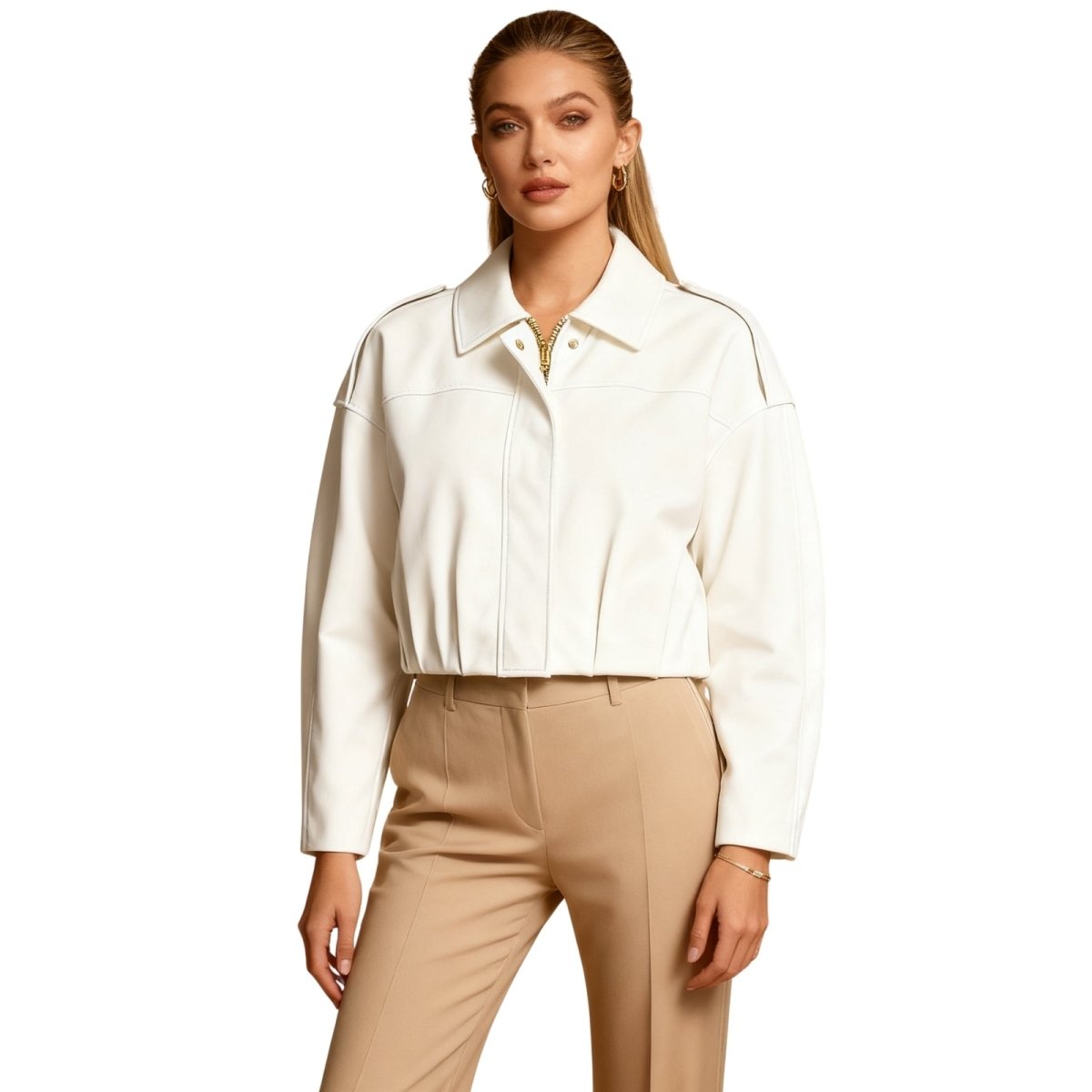 Model wearing the Kouvr Leilani white cropped faux leather jacket