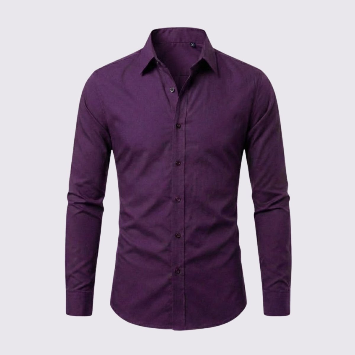 Front flat lay product shot of the Kouvr Leland long sleeve dress shirt in purple, showing the collar, placket, and fabric texture.