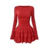 Product-only ghost mannequin shot of a long-sleeve red ruffle dress with ruched waist, front view.