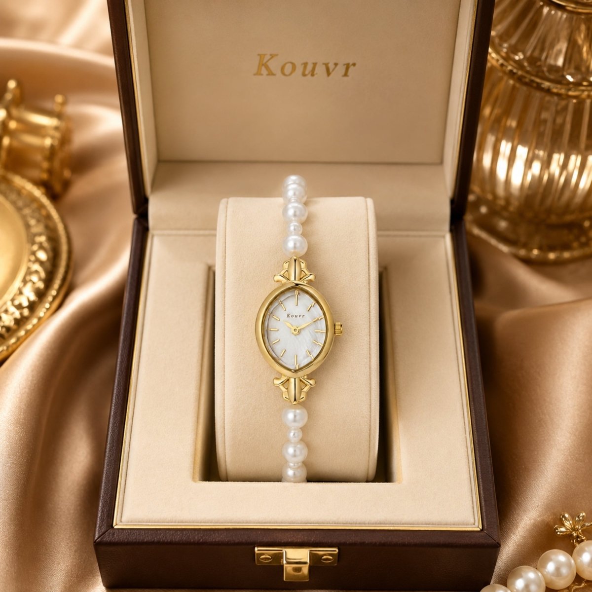 Kouvr vintage gold oval women's watch with natural pearl bracelet resting in a luxury brown presentation gift box.