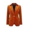 Flatlay product shot of the Kouvr Maribel single-breasted velvet blazer in rust, showcasing the peak lapels and gold-tone button.