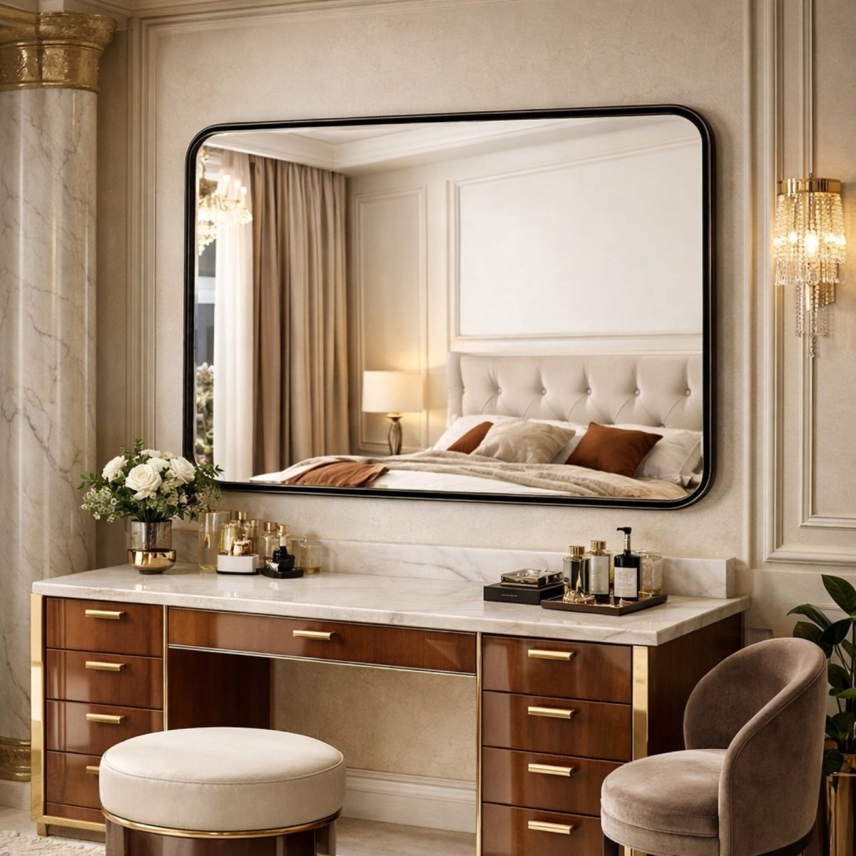Luxury matte black metal framed mirror with rounded corners hanging above a marble bathroom vanity with gold fixtures.
