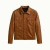 Flat lay product shot of the front of the Kouvr brown leather trucker jacket, showing the button placket and chest pockets.