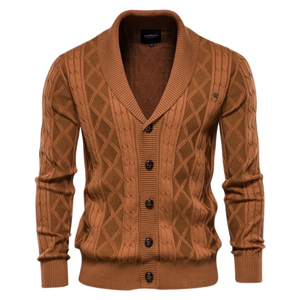 Brown kouvr cable knit cardigan with buttons on a white background