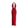 Studio product shot of the Kouvr Nina red halter maxi dress on a white background, displaying its full length and design details.
