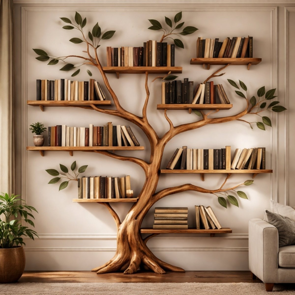 A detailed view of the Kouvr organic modern tree bookshelf showcasing the natural wood grain and arrangement of books on its branches.