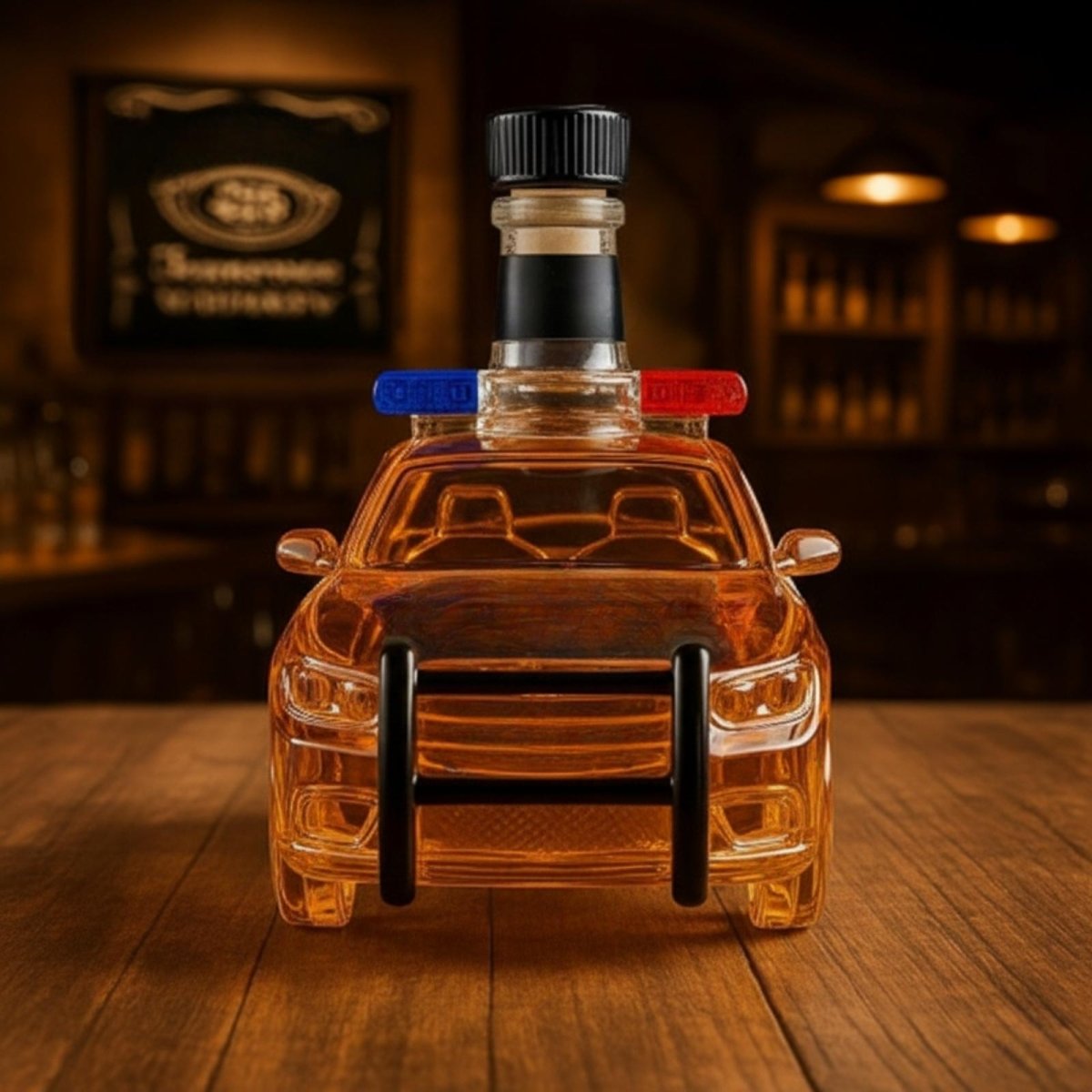 Front view of the Kouvr police car glass whiskey decanter, highlighting the front grille, headlights, and red and blue lights on the roof.