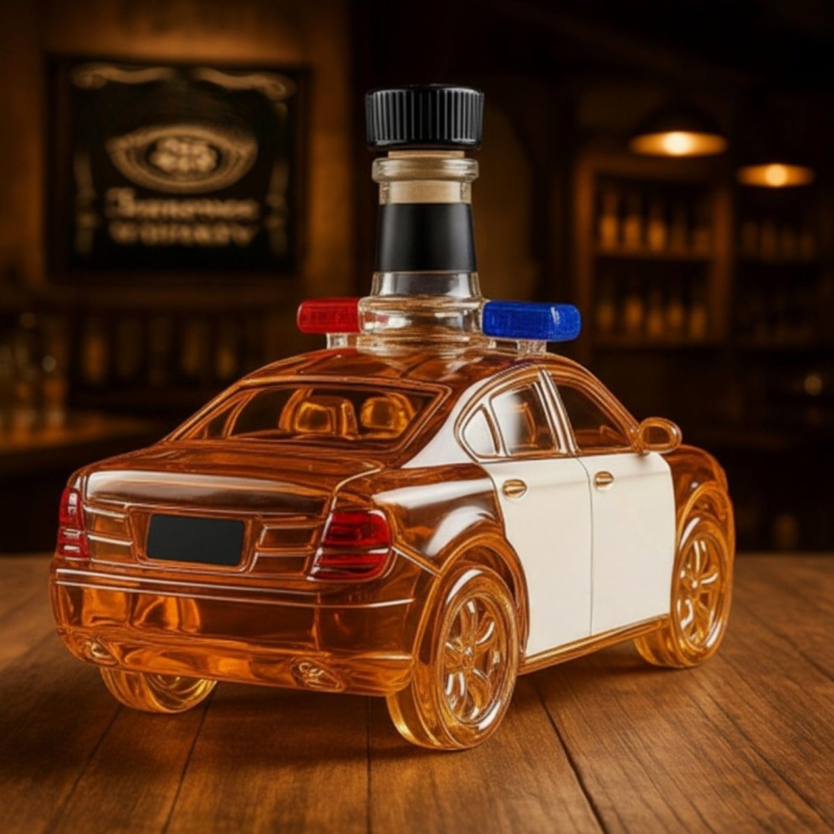 Rear three-quarter view of the Kouvr police car shaped decanter, showing the detail of the taillights and trunk on the handcrafted glass body.