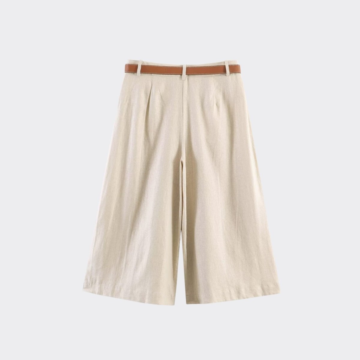 Flat lay back view showing the tailored waistband and breathable linen blend fabric of the luxury summer culottes.