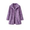 Flat lay of the open purple leopard faux fur coat, showing the silky purple interior lining and statement collar.