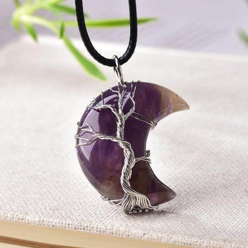 Kouvr Quartz Crescent Moon Necklace with a sterling silver wire wrapped Tree of Life