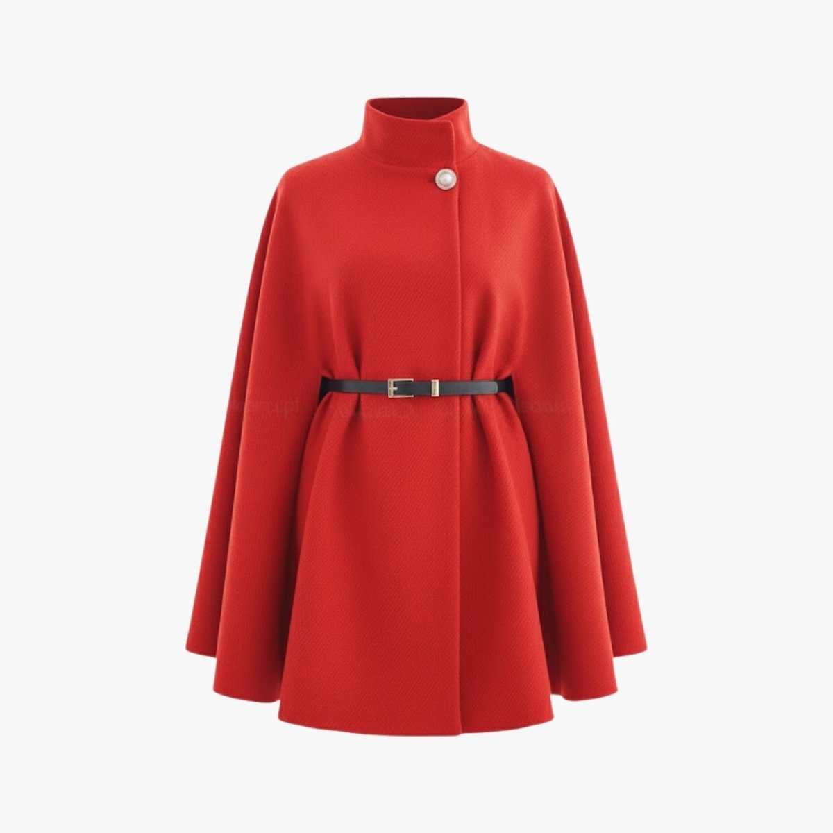 Ghost mannequin front view of the Kouvr red high-neck cape coat with its black belt and pearl button detail.