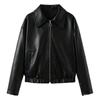 Black Kouvr leather jacket on a plain background