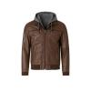 Flatlay product shot of the Kouvr Samson Brown hooded faux leather jacket on a white background, zipped up.