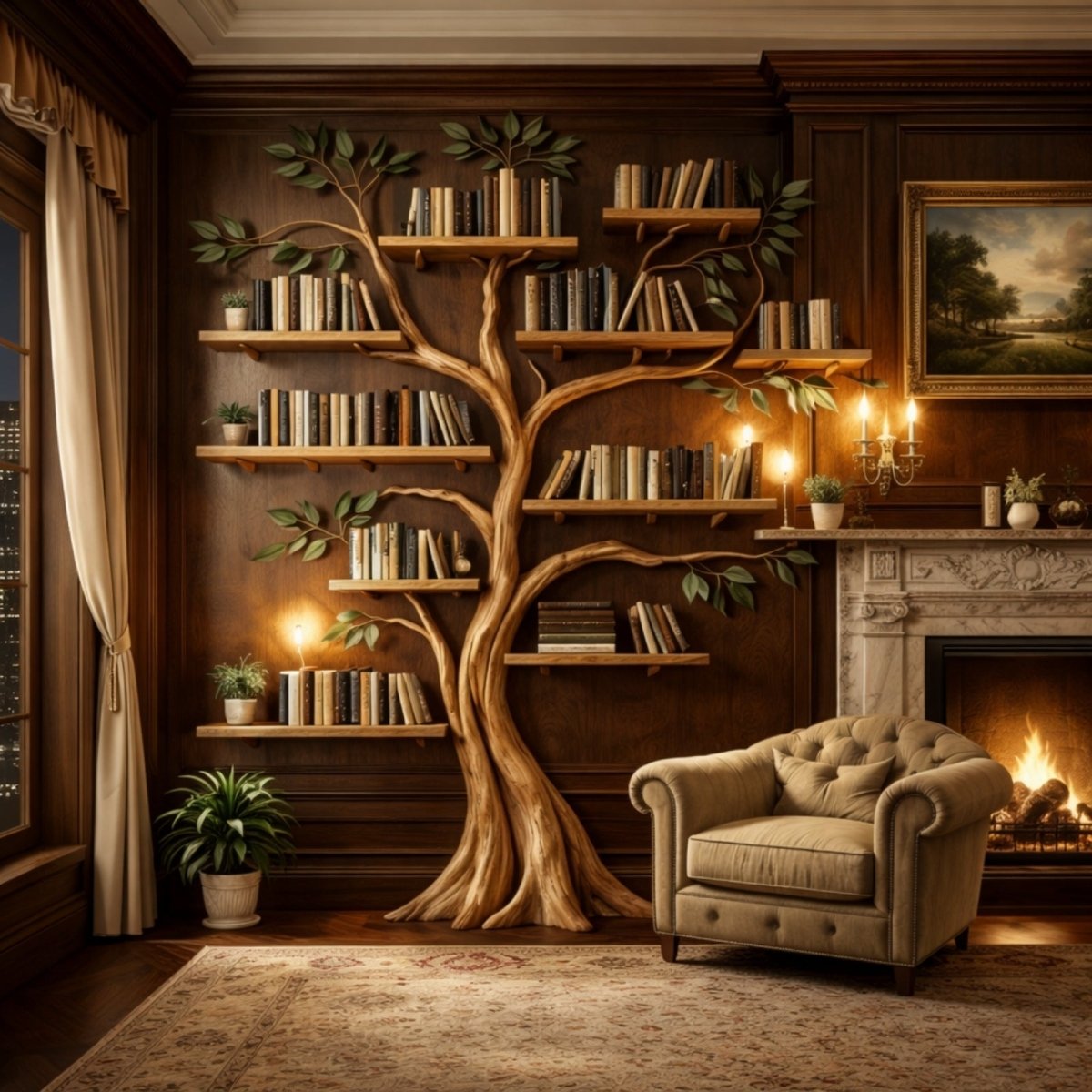 The Kouvr wooden tree bookcase filled with classic books, installed on a dark wood-paneled wall next to a fireplace in a luxury library.