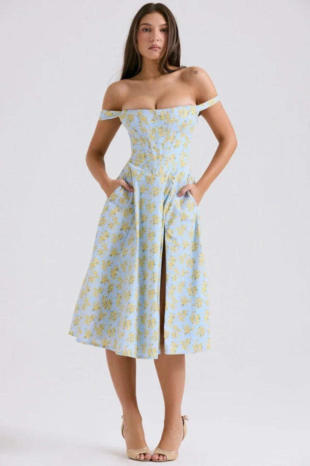 Bustier Dress, A-Line Floral Dress, Cottagecore Dress, Romantic Garden Party Attire, Structured Bodice Dress, Dress with Front Slit, Lace-up back dress.