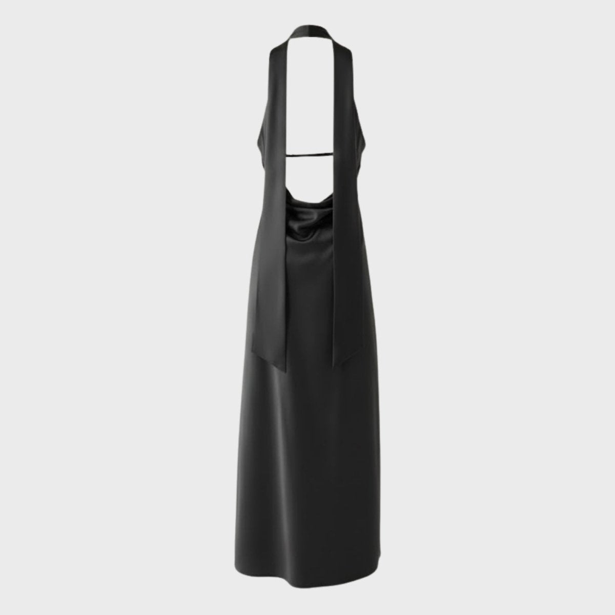 Flat product shot of the back of the Kouvr Sharon gown, detailing the open-back construction and long satin ties.