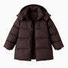 Flat lay of an open brown puffer jacket, showing the interior lining, zipper detail, and high collar design.