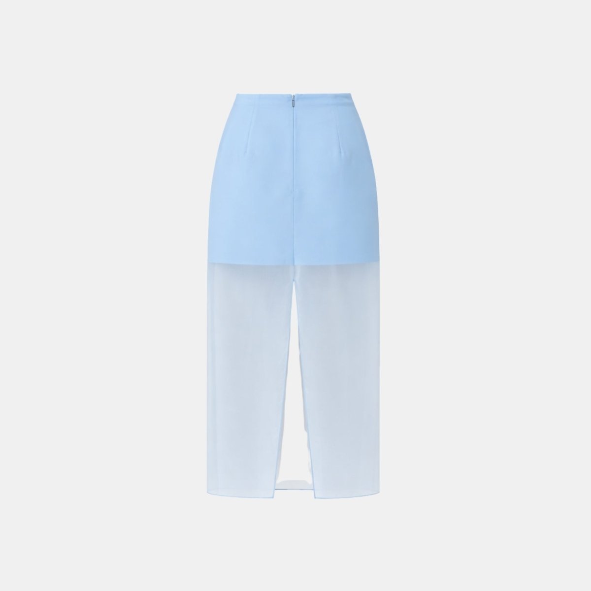 Flat lay back view of the light blue luxury skirt showing the center back seam, hidden zip closure, and elegant split hem on the sheer fabric.