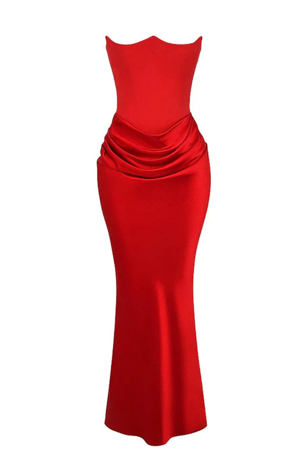 structured bodice," "draped silhouette," "bustier," "formal wear," and "black-tie attire