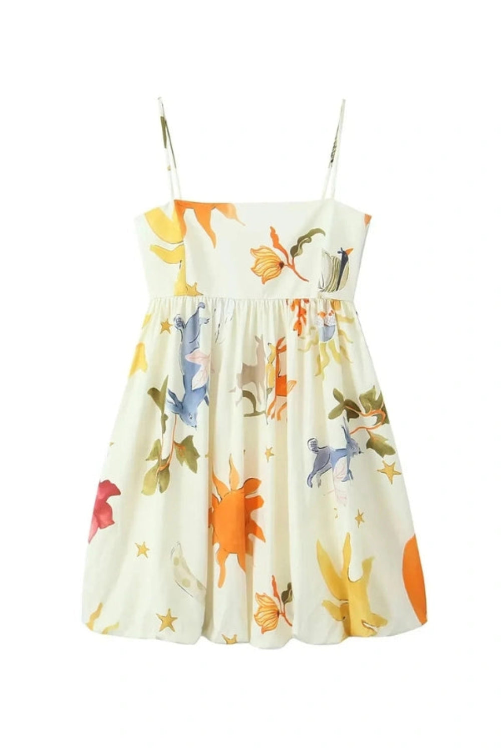Woman wearing Kouvr Solana artistic print voluminous mini dress in a sunny outdoor setting
