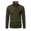 Product shot of the Kouvr Soren olive green sweater laid flat, showing the quarter-zip, mock neck, and suede pocket detail.