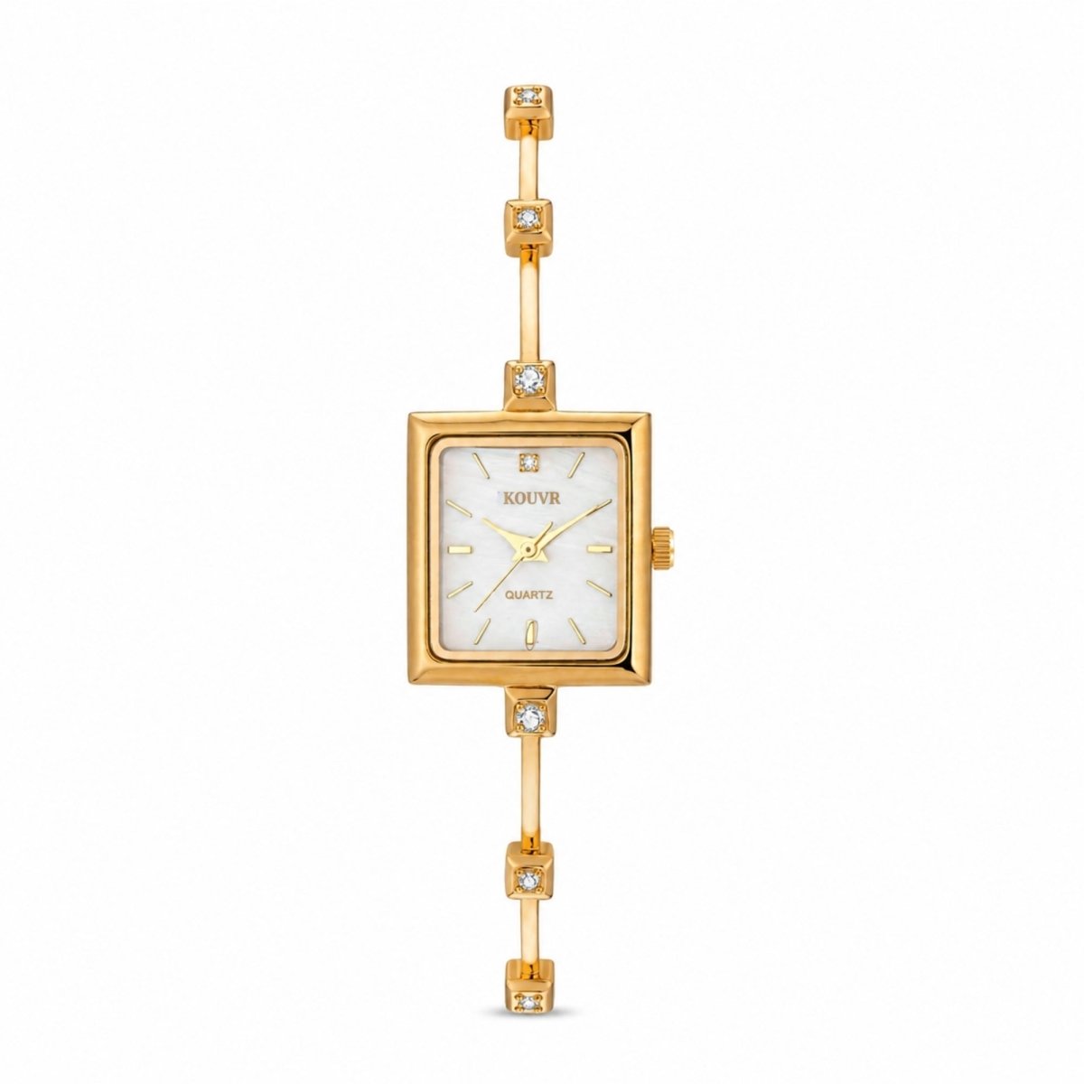 Front view of Kouvr women's square watch featuring a luminous mother of pearl dial, gold hands, and crystal accents