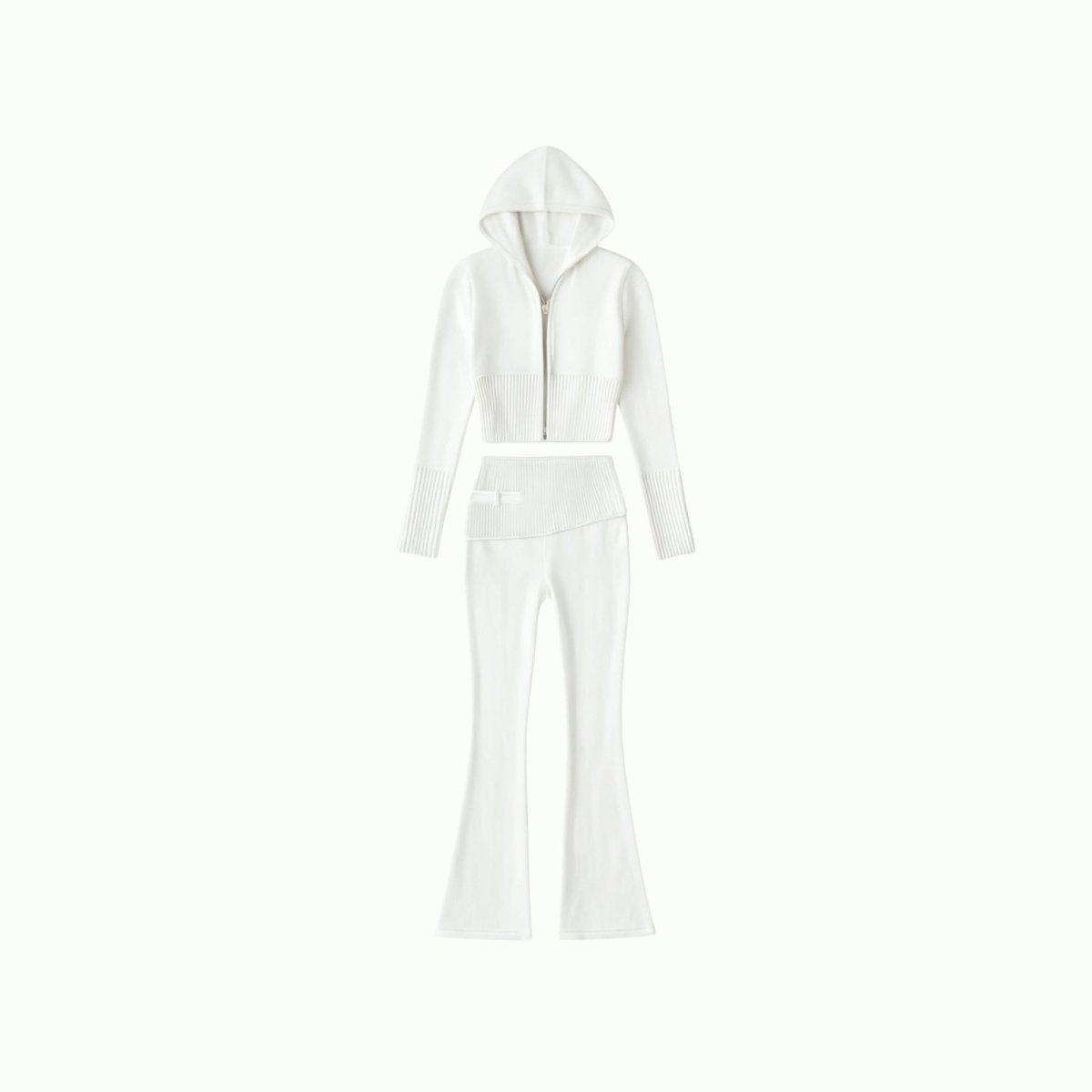 Flatlay of the white knit co-ord set featuring a cropped full-zip hoodie and matching high-waisted flared pants on a white background.