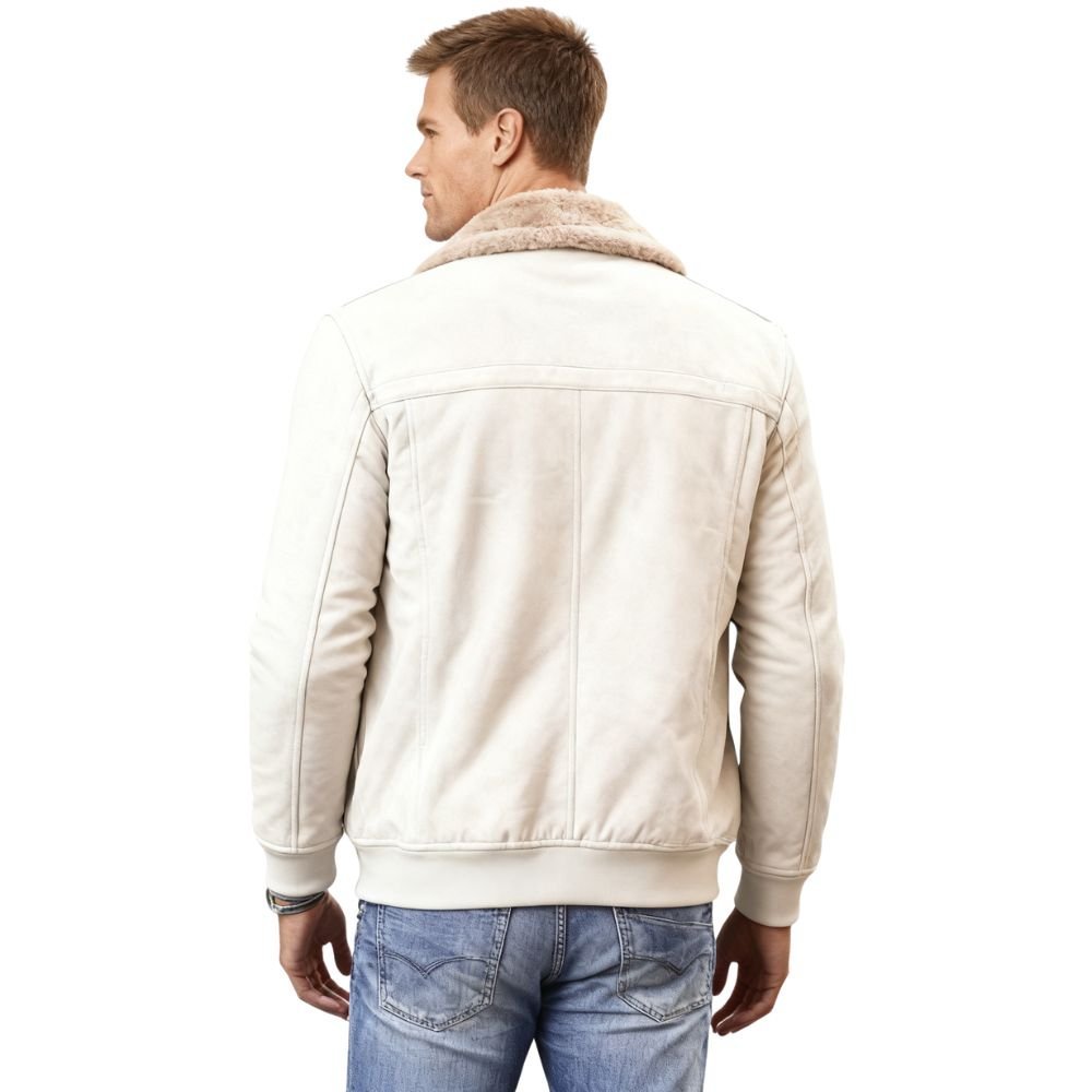 Man wearing a beige kouvr shearling jacket on a white background