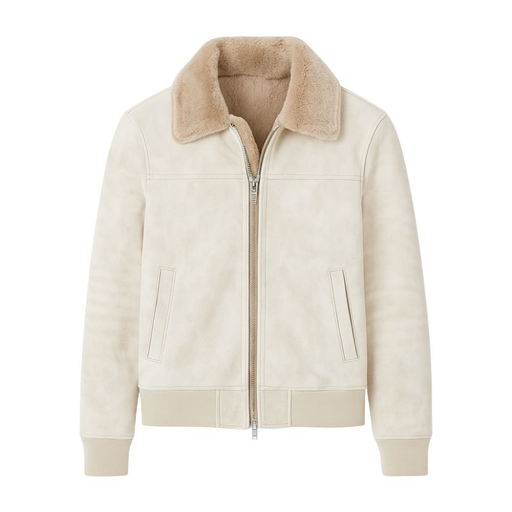 Men's Apricot Shearling Lined Suede Aviator Jacket by Kouvr Fashion