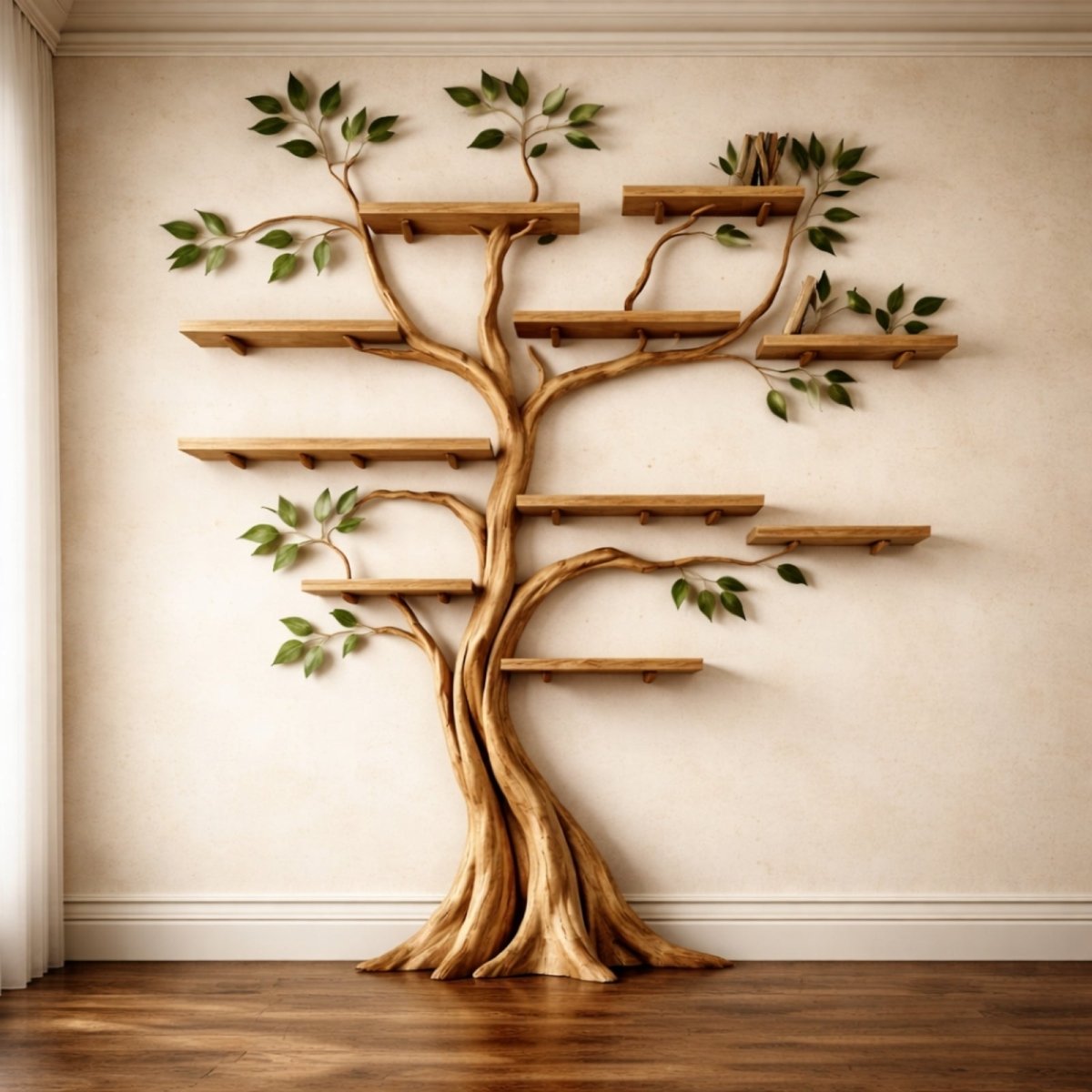 A hand-carved solid wood tree bookshelf with delicate leaves, displayed against a clean, light-colored wall in a minimalist room.